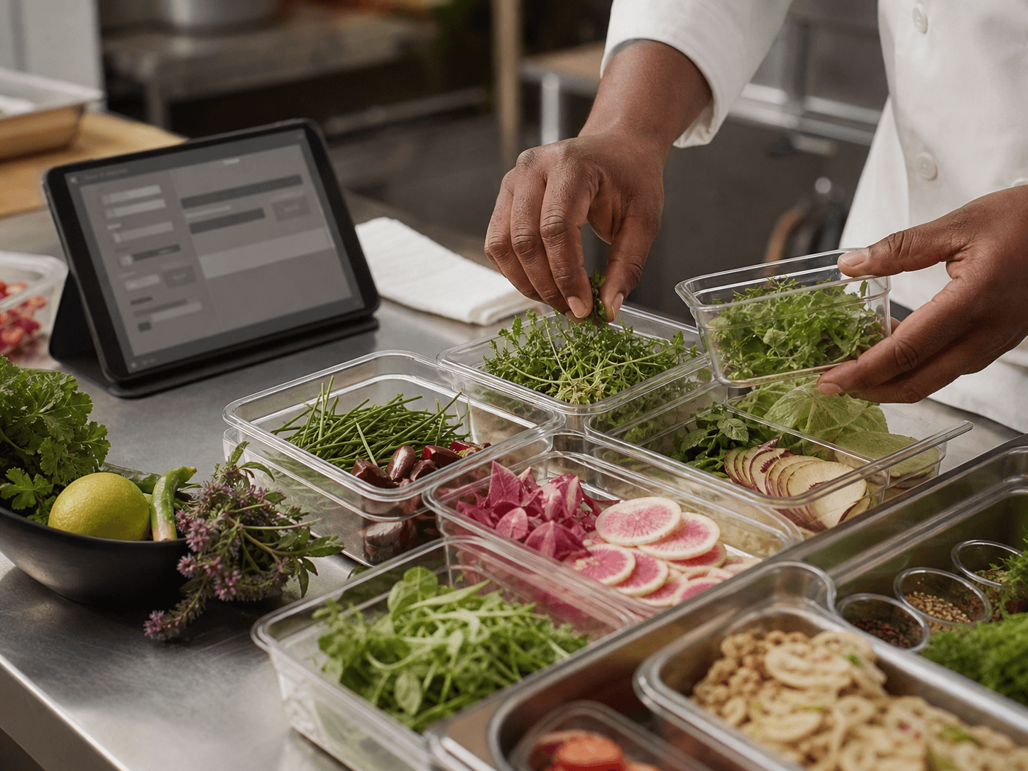 Chef preparing mise en place beside a tablet